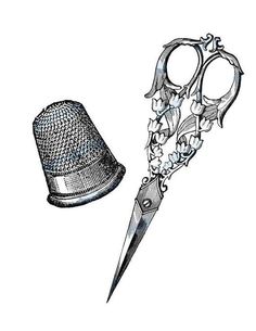 a black and white drawing of a pair of scissors next to a thimble