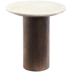 a white marble topped table on a wooden base with a black metal leg and round top