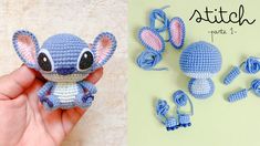 a crocheted blue and white stuffed animal next to several other knitted items