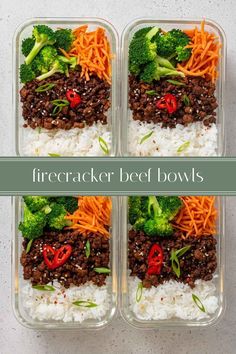 three plastic containers filled with rice, broccoli and carrots on top of each other