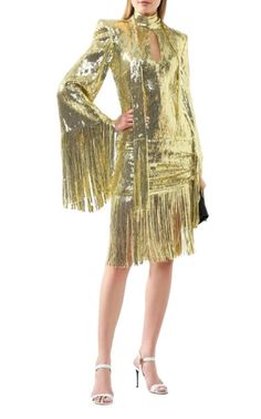 Balmain Fringed Gold Sequined Midi Dress | Runway Catalog Luxury Metallic Fitted Sequin Dress, Luxury Metallic Embellished Dresses, Luxury Fitted Metallic Sequin Dress, Luxury Women's Summer Sequin Dress, Luxury Summer Dresses With Contrast Sequin, Luxury Gold Sequin Dress With Contrast Detail, Luxury Gold Sequin Dress With Contrast, Luxury Beaded Fringe Sequin Dress For Evening, Luxury Gold Sleeveless Sequin Dress