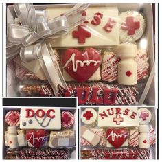 a box filled with cookies decorated like medical symbols and heart shaped candies in it