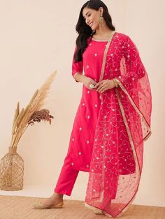 Magenta embroidered Kurta with Trousers with dupattaKurta design:Ethnic motifs embroideredStraight shapeRegular styleRound neck, three-quarter regular sleevesSequinned detailCalf length with straight hemSilk blend machine weave fabricTrousers design:Solid TrousersPartially elasticated waistbandSlip-on closure Festive Semi-stitched Straight Kurta Salwar Kameez, Festive Embroidered Georgette Set, Straight Churidar With Chikankari Embroidery In Chinon, Eid Kurta With Embroidered Border In Chinon, Fitted Chinon Traditional Wear With Embroidered Border, Semi-stitched Churidar With Embroidered Border In Chinon, Semi-stitched Churidar With Embroidered Border, Semi-stitched Embroidered Sets In Chinon, Eid Kurta With Embroidered Border And Georgette Material