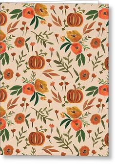 an orange and green floral pattern on white greeting card