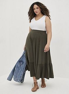 Tiered Maxi Skirt - Jersey Olive, DEEP DEPTHS Summer Outfits Dresses Sundresses, College Summer Outfit, Curvy Summer Outfits, Buisness Casual, Summer Outfits Curvy, Olive Skirt, College Outfits Summer, Classy Summer Outfits, Polka Dot Midi Skirt