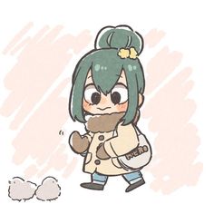 a drawing of a girl with green hair holding a teddy bear and wearing a coat