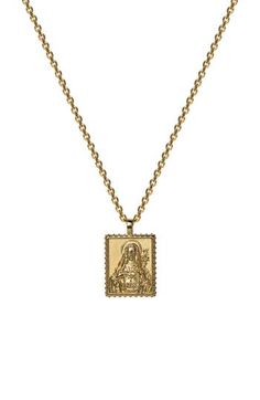 A pendant featuring the Virgin Mary serves as the focal point for a chain-link necklace made from 14-karat gold vermeil. 16" length; 6" extender; 1/2" pendant drop Sterling silver/14k-gold plate Imported Gold Spiritual Jewelry With Cable Chain, Gold Medallion Charm Necklace With Cable Chain, Yellow Gold Chain Necklace With Square Pendant, Gold Necklace With Oval Pendant Box Chain, Yellow Gold Necklace With Rectangular Pendant And Box Chain, Gold Amulet Necklace With Box Chain, Yellow Gold Amulet Necklace With Rectangular Pendant, Gold Necklace With Box Chain And Rectangular Pendant, Gold Chain Necklace With Rectangular Cable Chain Pendant