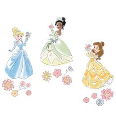 three princesses in dresses with flowers and butterflies