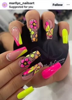 Neon Nails With Flowers, Colorblock Nails, Unusual Nails, Cutest Nails, Neon Acrylic Nails, Nails Extra, Nagel Design, Colorful Nail Art, 2024 Nails