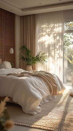 a large bed sitting in a bedroom next to a window with curtains on both sides