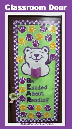 a classroom door decorated with purple and green paw prints, an animal themed banner that says be excited about reading