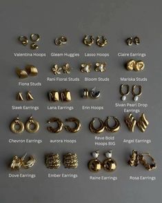 Jewelry Names Ideas, Jewellery Business Ideas, Earing Aesthetics, New Earrings Designs Gold, Earrings Names, Jewelry Business Names Ideas, Jewelery Stacks, My Wishlist Ideas, Ear Jewelry Ideas