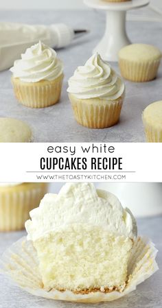 cupcakes with white frosting sitting on top of each other and the words easy white cupcake recipe above them