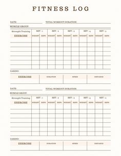 a printable workout log is shown in the form of a fitness log, with an image of a woman's body