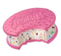 an ice cream sandwich with sprinkles on it's side and the word smarties written in large letters