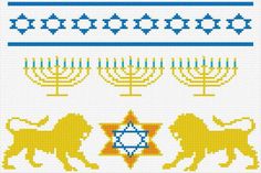 the cross stitch pattern for hanukkah with four lions and three menoras