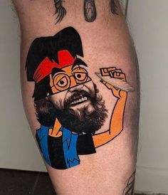 a man's leg with an image of a hipster holding a knife and fork