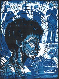 a blue and black drawing of a man's face in front of a cityscape