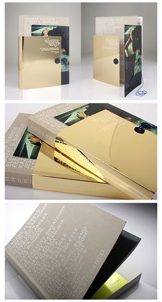 three different views of the inside of a brochure with gold foil on it