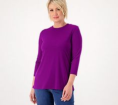 We can all imagine just what this fab and versatile Liquid Knit® crewneck top can do for our closets. But let's discuss what it doesn't do. It doesn't grab. It doesn't cling. It doesn't bunch or easily wrinkle. What we love? Its fluid and drapey silhouette that features great stretch and recovery. Do not miss out on this modern essential. From Susan Graver. Susan Graver, Knit Crewneck, Crew Neck Top, Top Blouse, Tops & Tees, Crew Neck, Pet, Knitting, Women's Top