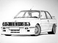 a pencil drawing of a white bmw car