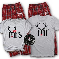 DESCRIPTION <----------<<< Our super cute and comfy pajama set is perfect for the couple celebrating xmas as mr. and mrs.! The soft tees feature a relaxed fit --- making it ideal for both him and her. And the cotton flannel pajama pants are as cozy as they come. Both tees are a Christmas Couple Pajamas, Couple Christmas Pajamas, Mr And Mrs Shirts, Matching Couple Pajamas, Mrs Shirts, Pajamas For Teens, Couple Pajamas, Mrs Shirt, Personalized Pajamas