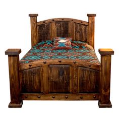 a bed with wooden headboard and foot board made out of wood, including two nightstands