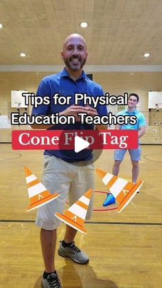 a man standing on top of a basketball court holding an orange and white sign that says tips for physical education teachers cone fo tag