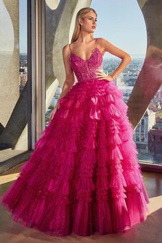 Azalea Pink Ruffled Layered Ball Gown Ruffle Ball Gown, Long Ball Dresses, Embellished Corset, Frills And Ruffles, Cinderella Divine, Flowy Design, Prom Ball Gown, Ball Gown Skirt, Corset Bodice