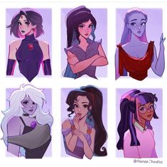 six female avatars with different hair colors and hairstyles, all in purple