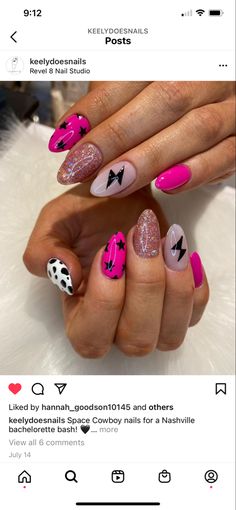 Hair Stylist Nails, Cute Concert Nails, Punk Rock Nails Designs, Square Trendy Nails, Nfr Nails Designs, Rock Concert Nail Ideas, Sparkle Nail Ideas, Rock Concert Nails, Disco Nails Designs