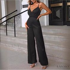 Lasaky - High-Waisted Sensual Halter Neck Wide Leg Jumpsuit Backless Solid Color Jumpsuit For Night Out, Elegant Solid Color One-piece Jumpsuits And Rompers, Elegant Solid Color One-piece Jumpsuit Or Romper, Elegant One-piece Jumpsuits And Rompers In Solid Color, Elegant Solid Color One-piece Jumpsuit, Casual Evening High Waist Jumpsuits And Rompers, Casual High Waist Jumpsuits And Rompers For Evening, Elegant One-piece Jumpsuit For Date Night, High Waist Solid Color Jumpsuit For Night Out