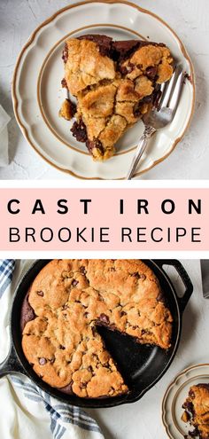 the cast iron skillet is filled with chocolate chip cookies and has been cut in half