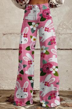 These women's casual wide leg pants jeans feature a delightful rabbit flower art print, adding a whimsical charm to your ensemble. With their relaxed fit and wide legs, they offer both comfort and a touch of artistic flair, perfect for any casual outing or gathering. Spring Printed High Waist Bottoms, Spring Wide Leg Printed Pants, Printed High Waist Bottoms For Spring, High-waisted Printed Bottoms For Spring, High Waist Printed Bottoms For Spring, Spring Printed Pants, Spring Cotton Printed Pants, Spring Printed Trousers, Printed Trousers For Spring