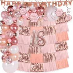 a pink and gold birthday banner with balloons