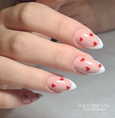 White French and nailart 
Red hearts
Almond nails
Cuori rossi 
French bianca
Unghie a mandorla Heart And French Tip Nails, French Nails Red Heart, French Nails With Heart, Heart French Nails, Heart French Tip Nails, Cute Simple Nails, Cherry Nails, Almond Shape Nails, Girls Nails