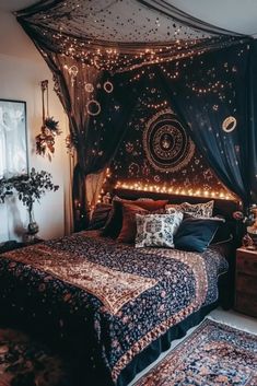 a bed room with a neatly made bed and lots of lights