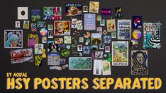 many posters are arranged in the shape of a heart on a black background with yellow lettering