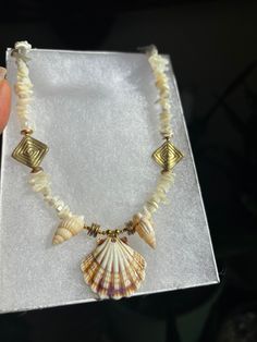 a shell necklace is displayed in a box