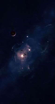 an artist's rendering of two distant objects in the dark blue space with stars