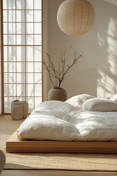 Serene Japandi-inspired bedroom featuring natural light, minimalist decor, and handcrafted accessories including DIY art Serene Home, Victorian Colors, Japandi Living Room, Japandi Home, Japandi Living, Small Water Features, Airy Room, Shoji Screen, Japandi Design