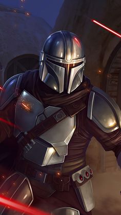 a star wars character holding two lightsabes in front of another character wearing armor