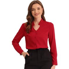 This shirt is elegant and charming for workwear or a day-to-night look, with a cut-out v-neck and unique shoulder details. No-see-through chiffon fabric and stylish v-neck make it a perfect choice for work, office, and daily wear. Pair this work office shirt with a pencil skirt, work pants, or casual jeans. The return of a classic, this button-up shirt is cut from in a chiffon sateen in an always flattering fit-and-flare silhouette. Model Body Size: Height: 5'9", Chest: 33 inches, Waist: 24 inch Satin Button Down Shirt, Pencil Skirt Work, Office Shirt, The Office Shirts, Satin Blouses, Satin Shirt, Model Body, Work Office, Night Looks