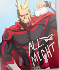 an anime character with blonde hair wearing a red and black outfit, holding his hands behind his back