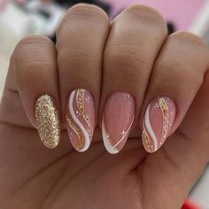 24PCS Ballerina fake nails，white line Gold glitter nails Detachable And Reusable Jelly Glue 1pc Gold And White Nails, Fake Nails White, Golden Nails, Gold Nail Designs, Gold Glitter Nails, Glittery Nails, Elegant Nails, Classy Nails, Gold Nails