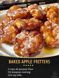 baked apple fritters on a plate with maple syrup