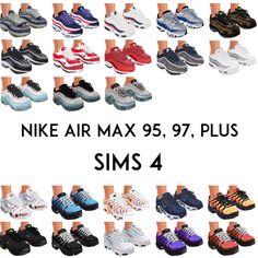 the nike air max 957 plus is shown in all different colors and sizes,