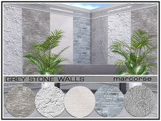 the grey stone walls are arranged in four different colors and sizes, along with two potted plants