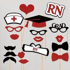 red and black graduation photo booth props with glasses, hats, mustaches and lips