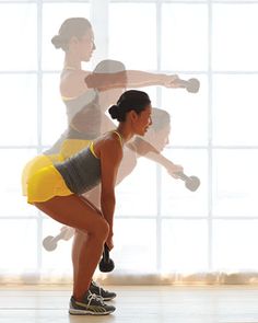 a woman is doing exercises with dumbbells in front of a window while another woman looks on